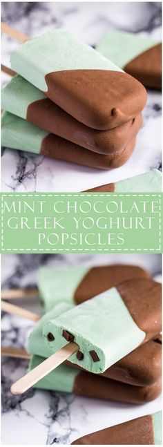 mint chocolate ice cream popsicles are stacked on top of each other and ready to be eaten