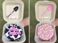 two open boxes with cupcakes in them and the words sweet on each one