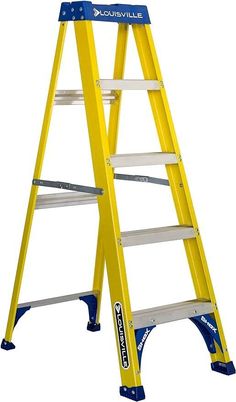 a yellow step ladder with blue steps on the top and bottom part, against a white background