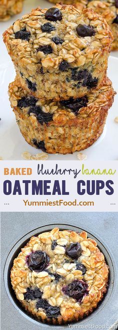 baked blueberry banana oatmeal cups are stacked on top of each other