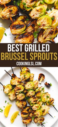 grilled brussel sprouts on a white plate with lemon wedges