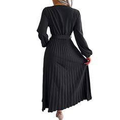 Black Wrap V Neck Pleated Long Sleeve Long Dress Black Pleated Long Sleeve Dress, Black Pleated Long-sleeve Dress, Black Long Sleeve Pleated Dress, Black Pleated Midi Dress For Fall, Non-stretch Pleated Midi Dress For Fall, Black Long Sleeve Maxi Dress For Office, Black Long Sleeve Office Maxi Dress, Black Belted Maxi Dress For Fall, Black Solid Maxi Dress For Workwear