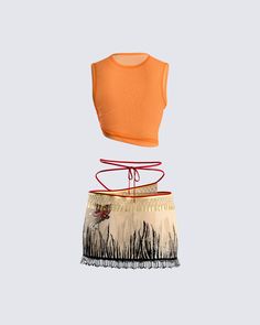 A free spirit with a wild heart ☀️ Live out your boho dreams with this uniquely gorgeous 2 piece set - featuring an orange mesh asymmetrical top and embroidered mesh mini skirt ✨ Summer Beach Mesh Crop Top, Summer Mesh Crop Top For The Beach, Fitted Bohemian Orange Crop Top, Orange Bohemian Crop Top For Spring, Summer Bohemian Orange Crop Top, Fuzzy Skirt, White Corset Dress, Denim Pleated Skirt, Mesh Mini Skirt