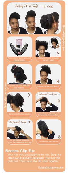 Want an easy natural hair style you can do in less than 10 minutes? Check this out. You just need bobby pins and two banana clips! | protective styling | natural hair styles Styling Natural Hair, Banana Clips, Banana Clip, Hair Strands, Natural Hair Styles Easy, Bobby Pin