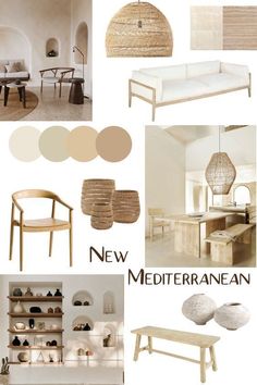 a collage of furniture and accessories in neutral colors with text that reads new mediterraneanan