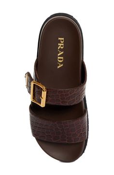 Find PRADA Logo Double Band Slide Sandal on Editorialist. Plush velvet brings luxurious texture to this double-band slide sandal featuring an anatomically contoured footbed set atop a durable rubber sole. Adjustable strap with buckle closure Contoured footbed Textile upper/textile and leather lining/synthetic sole Made in Italy Designer Shoes Prada Logo, Leather Platform Sandals, Prada Leather, Prada Shoes, Brown Shoe, Luxury Shoes, Slide Sandals, Platform Sandals, Women's Shoes Sandals