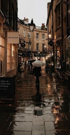 a person with an umbrella is walking down the street on a rainy day in town