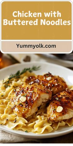 chicken with buttered noodles on a white plate