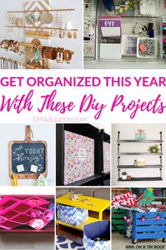 the collage shows different ways to organize with these diy projects, including storage and organization