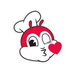 a red and white sticker with a heart in the shape of a cartoon character