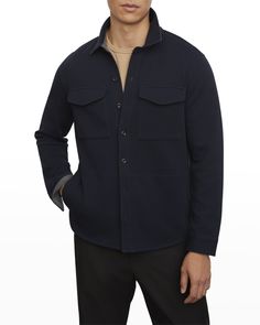 Vince solid shirt jacket with contrast lining at collar and cuffs    Spread collar; button front closure    Two flap pockets at chest    Side slip pockets    Regular fit    Long sleeves    Curved hem    Cotton/polyester    Imported Pocket Shirt, Mens Outerwear, Fall 2023, Collar And Cuff, Flap Pocket, Shirt Jacket, Top Designers, Neiman Marcus, Tops Designs