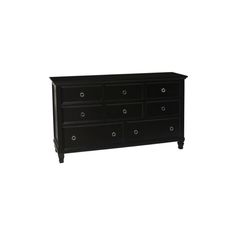 a black dresser with six drawers and two doors on the bottom drawer, in front of a white background