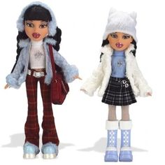 two dolls are standing next to each other in front of a white background with the words bratz wintertime wonderland on it