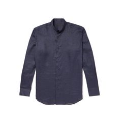 Before founding their label, Saman Amel and Dag Granath went to study in Italy, the tailoring centre of the world: “In terms of cut, ” says Amel, “we land in-between the slightly more masculine Florentine look and the light and effortless Neapolitan make.” Reflecting this balance, this shirt is beautifully made from linen and has a grandad-collar for a classic, laid-back look. Elegant Linen Shirt With Placket, Elegant Formal Shirt With Stand Collar, Elegant Stand Collar Shirt For Formal Occasions, Formal Linen Tops With Placket Detail, Formal Linen Tops With Placket, Luxury Semi-formal Tops With Concealed Placket, Luxury Semi-formal Top With Concealed Placket, Designer Business Shirt With Concealed Placket, Classic Formal Linen Shirt