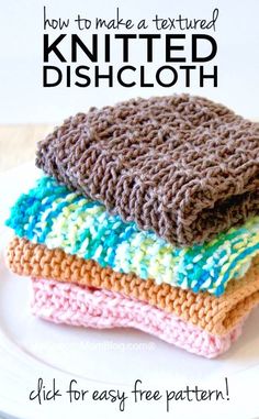 three crocheted dishcloths stacked on top of each other with text overlay saying how to make a textured knitted dishcloth