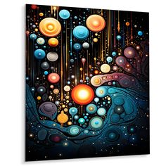 an abstract painting with many different colors and shapes on black canvas, featuring planets in the sky