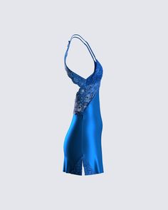 Dripping in seduction, this little blue dress will give them a sneak peek into your passionate side 💙 Constructed from satin, it is complete with a crisscross back, and lace detailing making it the perfect look for all your night out activities 😏 Satin Slip Dress With Lace Trim For Night Out, Backless Slip Dress With Lace Trim For Night Out, Satin Lace Trim Slip Dress For Night Out, Silk Party Dress With Built-in Bra, Blue Sleeveless Dress For Wedding Night, Backless Lace Slip Dress For Night Out, Fitted Backless Slip Dress For Night, Blue Spaghetti Strap Dress For Wedding Night, Silk Dress With Built-in Bra For Party