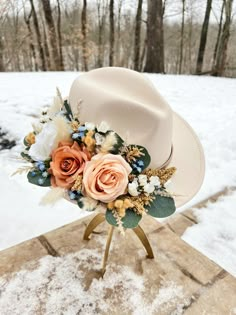 This beautiful boho hat features gorgeous blush pink and dusty blue flowers and gives off that fresh summer bridal look. This is perfect for bridal showers, engagement parties, bachelorette trips, or a beautiful wedding!  Personalization is free on this item, and if you would like a custom version of this hat please email aaivorybrides@gmail.com Bridal Hat Western, Bridal Fedora Hat, Wedding Fedora Bride, Cowboy Hat Floral Arrangement, Cowgirl Hat With Flowers, Bohemian Wide Brim Wedding Hat, Bohemian Mini Hat With Short Brim For Wedding, Bohemian Short Brim Hats For Wedding, Spring Bohemian Mini Hats For Wedding