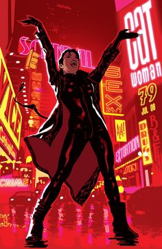 the cover to catwoman 29 is shown in red and black colors with neon lights behind her