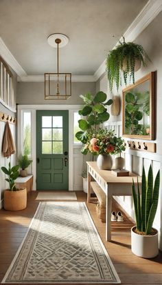 an entryway with plants and potted plants