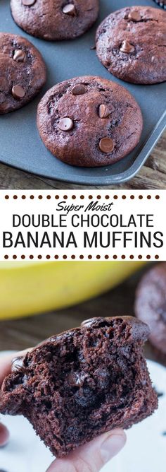 double chocolate banana muffins in a muffin pan with one bite taken out