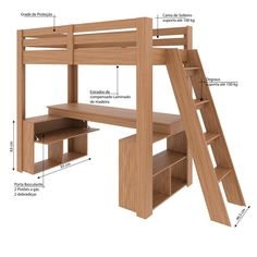 a wooden bunk bed with stairs and desk underneath it, labeled parts labelled in description