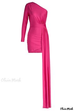 Olivia Mark - Exquisite Rose Red Asymmetrical Evening Dress with Oblique Collar Pink Asymmetrical Dress For Evening, Chic Pink Asymmetrical One Shoulder Dress, Pink Asymmetrical Dress For Evening With Asymmetrical Neckline, Pink Asymmetrical Dress With Asymmetrical Neckline For Evening, Chic Pink Asymmetrical Dress With Asymmetrical Neckline, Pink Asymmetrical One Shoulder Dress For Spring, Pink One Shoulder Evening Dress With Asymmetrical Hem, Pink One Shoulder Dress With Asymmetrical Hem For Evening, Elegant Pink Asymmetrical One Shoulder Dress