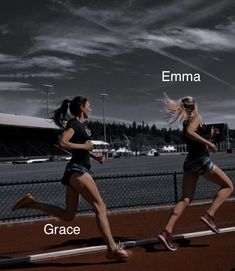 two women running on a tennis court with the words grace and emma above them