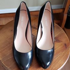 Black Leather Heels Never Worn Sleek Faux Leather Heels With Almond Toe, Patent Leather Wedge Heels For Work, Sleek Faux Leather Heels For Business, Sleek Faux Leather Heels With Round Toe, Black Leather Heels, Shoes Color, Nine West Shoes, Shoes Shoes, Nine West