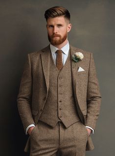 The Irish Brown Herringbone Tweed Suit will become the standard of business dressing and by far the most ubiquitous option. Crafted from wool, the Irish Brown color of the suit will surely influence a veteran dresser to buy the suit for building a sharp wardrobe. Team it up with a matching waistcoat, a white shirt and dark brown derby shoes.  Look Includes  Irish Brown Herringbone Tweed Fabric  Two Button Jacket Style  Notch Lapel  Horn Brown Buttons  Single Vent  Three Cuff Buttons  Two Welted Back Pockets on Trousers    Click 'Customize Now' to modify the look if needed.   Lining: Viscose, Dry Clean. Dark Brown Suit, Wedding Suits Groom Unique, Tweed Sport Coat, Herringbone Tweed Jacket, White Linen Suit, Royal Blue Suit, Light Grey Suits