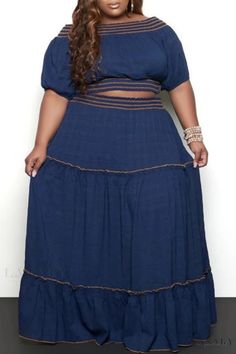 Lasaky - Green Plus Size Off the Shoulder Solid Patchwork Two-Piece Casual Set Plus Zise, Maxi Skirt Style, Ruffle Maxi Skirt, Plus Size Two Piece, Straight Dress, Stylish Plus, Straight Skirt, Casual Sets, Two Piece Dress