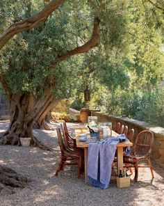 an outdoor table with chairs and a blue blanket on it in front of some trees