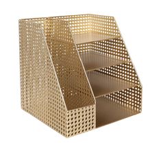 a gold metal bin with holes on the front and sides, set against a white background