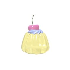 a yellow vase with a pink and blue apple on it's top, sitting in front of a white background