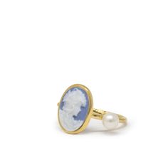 Discover the timeless charm of Italian craftsmanship with this dainty cameo ring by Vintouch Jewels. Little cameos symbolize love and romanticism - it's said that old cameo carvers in Naples used to depict the silhouette of the girl they loved when commissioned to realize these pieces. Today, Vintouch is bringing this classic icon of jewelry into the new century pairing it with lustrous freshwater pearl. Handcrafted from 18-karat gold-plated silver, wear it solo for a major impact. Presented in Blue Cameo Jewelry For Wedding, Luxury Cameo Ring Jewelry, Elegant Cameo Rings, Fine Jewelry Cameo Rings For Weddings, Fine Jewelry Cameo Wedding Ring, Classic Icon, Cameo Earrings, New Century, Cameo Jewelry