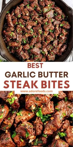 the best garlic butter steak bites in a skillet and on top of a plate