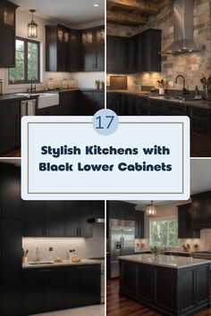 A collection of 4 images showcasing kitchens featuring black lower cabinets, highlighting their elegant designs and unique decor. Unique Tile Backsplash, Dreamy Space, Unique Tile, Cozy Kitchen, Stylish Kitchen, Black Kitchens