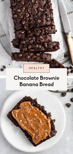 healthy chocolate brownie banana bread on a plate with peanut butter spread in the middle