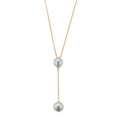 Two lustrous cultured silver Akoya pearls drop from this stylish 14-karat yellow gold “Y” necklace  creating a flattering elongated shape. While traveling the world  Tom Shane finds rare gemstones and pearls that are just too good to pass up. Inspired by the inherent beauty of these silver Akoya pearls  we created limited-quantity pieces as part of our exclusive Moonlight Akoya Pearl Collection. Luxury Drop Pearl Necklace, Elegant Single Strand Long Drop Necklace, Elegant Long Drop Single Strand Necklace, Classic Formal Lariat Necklace With Pearl Drop, Formal Pearl Lariat Necklace, Formal Long Drop Pearl Chain Jewelry, Elegant Long Drop Pearl Necklace With Pendant, Formal Lariat Jewelry With Pearl Drop, Classic Formal Lariat Necklace With Pearl Pendant