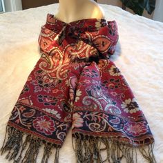 Paisley Print With Multi Shades Of Reds Traditional Red Scarves For Fall, Vintage Red Scarf For Winter, Vintage Red Shawl Scarf, Red Accessories, Fringe Scarf, Pashmina Scarf, Shades Of Red, Scarf Shawl, Paisley Print