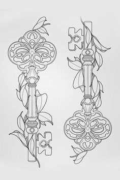 two ornate designs are shown in black and white on a light pink background, each with an intricate design