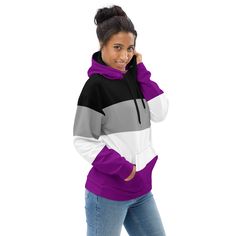 Stay cozy and warm whilst proudly showing off your asexuality with this amazing asexual flag hoodie. Ideal LGBTQIAA pride wear for pride month and as ace week outfit. If you love bold clothing this hooded asexual sweatshirt is a must-have item. STYLE GUIDE• Stylish loose fit• Cozy and soft• Vibrant colors• Brushed fleece fabric inside• Double-lined hood with design inside and out• All-over print hoodie - inside is white• Printed, cut & sewn to orderMATERIAL95% recycled polyester and 5% spandex Trendy Purple Hooded Sweatshirt, Trendy Hooded Purple Sweatshirt, Trendy Purple Sweatshirt For Winter, Trendy Purple Winter Hoodie, Trendy Purple Winter Sweatshirt, Trendy Purple Hoodie With Drawstring, Trendy Purple Hoodie For Fall, Trendy Purple Fall Hoodie, Sporty Purple Hoodie For Winter