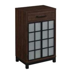 a wooden cabinet with glass doors on the top and bottom drawers, in dark wood