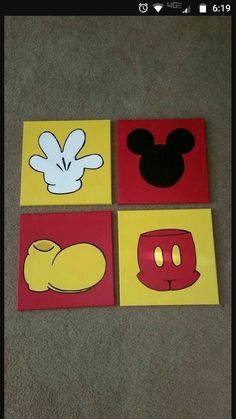 four square paintings with mickey mouse and other cartoon characters painted on the same piece of paper