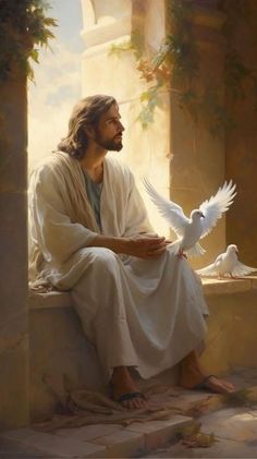 a painting of jesus sitting on a ledge with his hands in his pockets and doves around him