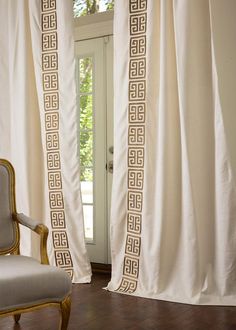 image_754 Linen Drapery Panels, Window Molding Trim, Linen Drapery, Roman Style, Greek Key Pattern, Interior Windows, Window Dressing, Drapery Panels, Designer Drapes