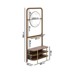 a wooden shelf with a mirror on it and measurements for the height of each shelf