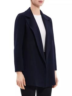 Crafted of double-faced wool and cashmere, Theory's sleek open-front coat showcases polished notch lapels and side on-seam pockets. This relaxed design flaunts an elegant silhouette..Notch lapels.Long sleeves.Side on-seam pockets.Slips on.90% wool/10% cashmere.Dry clean.Imported.SIZE & FIT.About 29' from shoulder to hem.Bust, about 37'.Waist, about 40'.Model measurements: 5'10' tall.Model is wearing a US size Small.Please Note: Compared to the Brand's Size Guide, this style measures true to size..ABOUT THE BRAND.In 2000, founders Andrew Rosen and Elie Tahari launched Theory with a focus on innovative, comfortable stretch pants for women. Since then, the New York-based brand has become well-known for its mastery of polished, well-tailored separates for women and men..Crafted of double-faced Chic Cashmere Sweater Coat For Work, Chic Tailored Outerwear With Pressed Crease, Chic Wool Coat With Concealed Front Fastening, Solid Open Front Sweater Coat For Work, Elegant Long Coat Blazer In Solid Color, Timeless Evening Outerwear With Lapel Collar, Winter Evening Outerwear With Concealed Front Fastening, Classic Cashmere Sweater Coat For Work, Chic Wool Coat With Concealed Front For Office