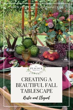 A simple guide to creating a beautiful and rustic outdoor table setting for fall using fresh fruit, flowers, and vintage brass candlesticks.
Add some fall elegance to your next outdoor gathering with these simple tips. Fresh fruit, artichokes, and vintage brass candlesticks are just a few of the ideas you'll love!
How to, Create, Rustic, Elegance, Fall, Table, simple, guide, beautiful, outdoor, setting, fresh fruit, flowers, vintage, brass candlesticks, gathering, tips, ideas Rustic Outdoor Table, Tablescapes Rustic, Outdoor Table Setting, Fall Dining Table, Farmhouse Table Setting, Autumn Dining, Beautiful Tablescapes, Fall Flower Arrangements, Tablescape Ideas