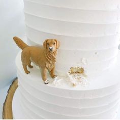 a dog figurine standing on top of a white cake